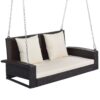 2 Person Wicker Hanging Porch Swing With Chains, Cushion, Pillow, Rattan Swing Bench For Garden, Backyard - Brown / Beige - Image 18