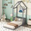 Twin House-Shaped Roof Headboard Floor Bed, (Without Slats) - Gray - Image 2