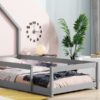 Twin Size Wood Bed With House-Shaped Headboard Floor Bed With Fences - Gray - Image 7