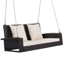 2 Person Wicker Hanging Porch Swing With Chains, Cushion, Pillow, Rattan Swing Bench For Garden, Backyard - White / Gray