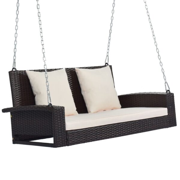 2 Person Wicker Hanging Porch Swing With Chains, Cushion, Pillow, Rattan Swing Bench For Garden, Backyard - White / Gray