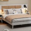 Queen Size Bed Frame With 2 Nightstands Elegant Design With Lamps - White - Image 18