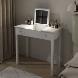Vanity Table With LED Lights, Flip-Top Mirror And 2 Drawers, Jewelry Storage - Chic White