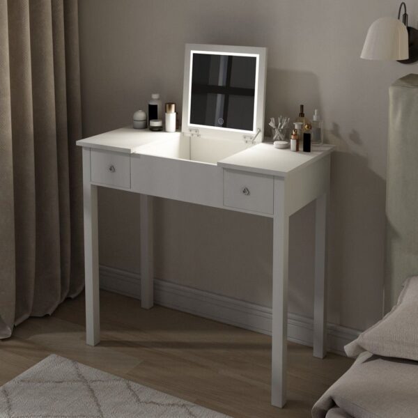 Vanity Table With LED Lights, Flip-Top Mirror And 2 Drawers, Jewelry Storage - Chic White
