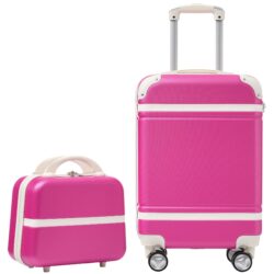 20" Hardside Luggage With Cosmetic Case, 2 Piece Lightweight Suitcase Set With Spinner Wheels, Carry On Vintage Luggage - Pink