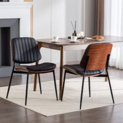 Dining Chairs Mid-Century Modern Retro Faux Leather Chair With Walnut Bentwood Back Upholstered Seat Metal Legs Adjustable Foot For Kitchen Dining Room Chairs (Set of 2) - Black