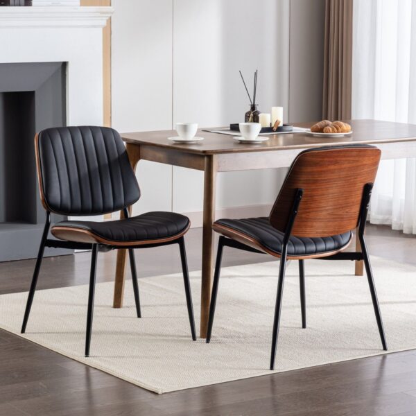 Dining Chairs Mid-Century Modern Retro Faux Leather Chair With Walnut Bentwood Back Upholstered Seat Metal Legs Adjustable Foot For Kitchen Dining Room Chairs (Set of 2) - Black
