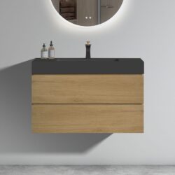 Alice - U092-Alice36W-106 Natural Oak Bathroom Vanity With Sink, Large Storage Wall Mounted Floating Bathroom Vanity For Modern Bathroom, One-Piece Black Sink Basin Without Drain - Walnut / Black
