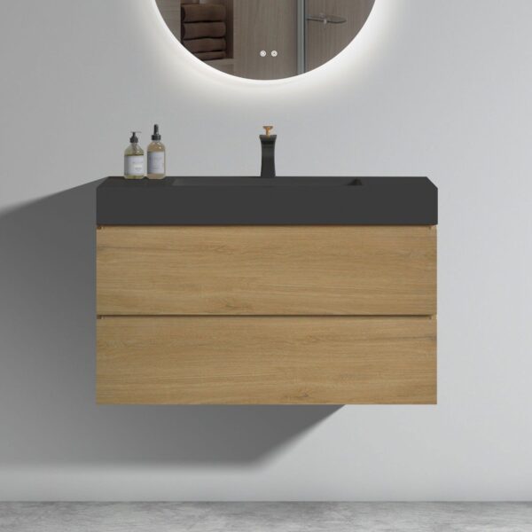 Alice - U092-Alice36W-106 Natural Oak Bathroom Vanity With Sink, Large Storage Wall Mounted Floating Bathroom Vanity For Modern Bathroom, One-Piece Black Sink Basin Without Drain - Walnut / Black