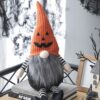 Sitting Gnome With Knit Hat, For Halloween Decor - Black / Orange / White - Image 7