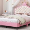 Full Size Lovely Crown Fantasy Leather Princess Bed With Tufted Headboard - Pink / Cream - Image 14