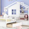 Twin Size House Bed With Sofa, Kids Platform Bed With 2 Drawers And Storage Shelf - White - Image 12
