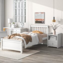 Twin Bed With Headboard And Footboard For Kids, Teens, Adults, With A Nightstand - White