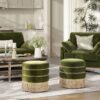 Edward - Round Upholstered Ottoman With Bullion Fringe - Olive Green - Image 5