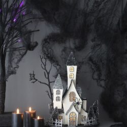 Cardboard Lighted Haunted House, Tabletop Holiday Halloween Decor, Battery Powered - Beige / Black