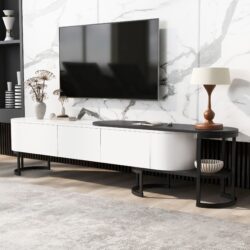 Modern Extendable TV Stand For TVs Up To 75", Entertainment Center Media Console With 3 Drawers, Metal Adjustable Legs For Living Room - White / Black