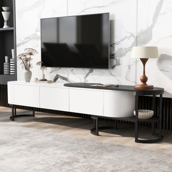 Modern Extendable TV Stand For TVs Up To 75", Entertainment Center Media Console With 3 Drawers, Metal Adjustable Legs For Living Room - White / Black