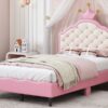 Twin Size Lovely Crown Fantasy Leather Princess Bed With Tufted Headboard - Pink / Cream - Image 14