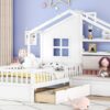 Twin Size House Bed With Sofa, Kids Platform Bed With 2 Drawers And Storage Shelf - White - Image 15