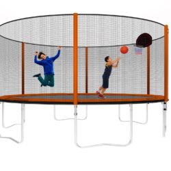 14Ft Powder-Coated Advanced Trampoline With Basketball Hoop Inflator And Ladder (Outer Safety Enclosure) - Orange