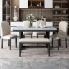 6 Piece Dining Table Modern Style With 4 Chairs & 1 Bench, Table With Marbled Veneers Tabletop And V-Shaped Table Legs - White - Image 2