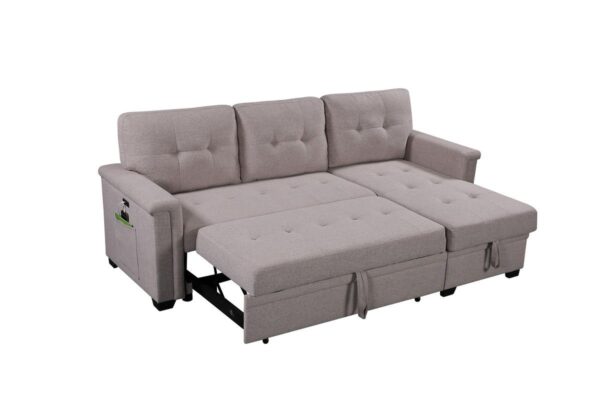 Nathan - Reversible Sleeper Sectional Sofa With Storage Chaise, USB Charging Ports And Pocket - Light Gray