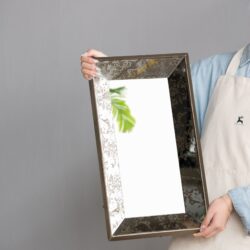 Antique Rectangle Mirror With Floral Accents, Mirrored Display Tray, Hanging Wall Mirror - Silver