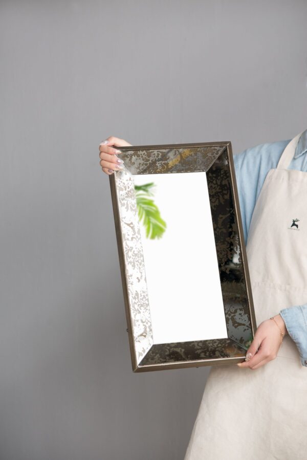 Antique Rectangle Mirror With Floral Accents, Mirrored Display Tray, Hanging Wall Mirror - Silver