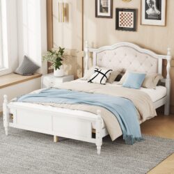 Queen Pine Wooden Bed With Upholstered Headboard And Panel Footboard, With Two Bed Rail Support Feet And Central Platform Support Feet - White