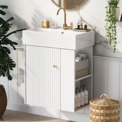 Modern Floating Bathroom Vanity With Ceramic Basin Perfect For Small Bathrooms, Right Side Storage - White