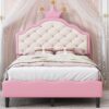Twin Size Lovely Crown Fantasy Leather Princess Bed With Tufted Headboard - Pink / Cream - Image 15