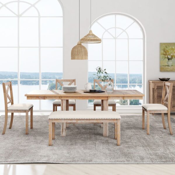 Topmax - 6 Piece Farmhouse Extendable Dining Table With Footrest, 4 Upholstered Dining Chairs And Dining Bench, Two 11" Removable Leaf - Natural / Beige