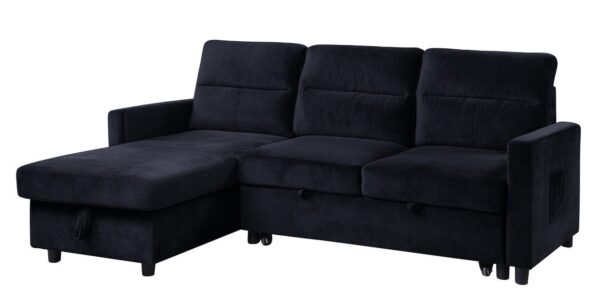 Ivy - Velvet Reversible Sleeper Sectional Sofa With Storage Chaise And Side Pocket - Black