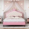Full Size Lovely Crown Fantasy Leather Princess Bed With Tufted Headboard - Pink / Cream - Image 13