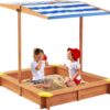 Kids Sandbox With Cover, Sand Box With Adjustable Canopy, Large Outdoor Cedar Sandpit For Backyard Play - Reddish Brown - Image 3