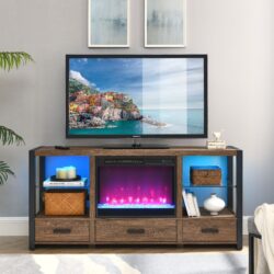 Electric Fireplace Media TV Stand With Sync Colorful LED Lights - Reclaimed Barnwood