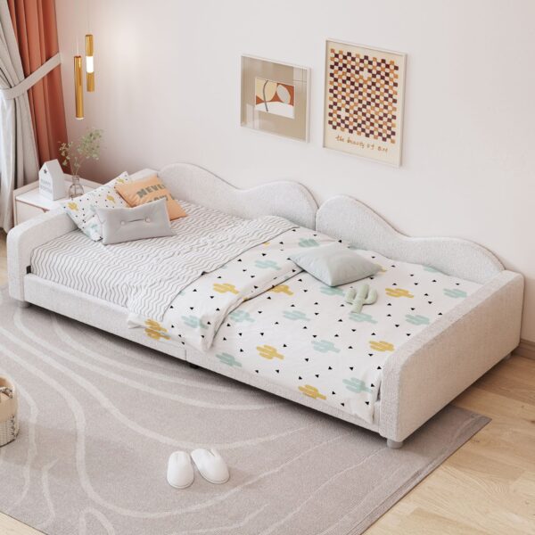 Twin Size Upholstered Daybed, Sherpa Fabric Sofabed With Cloud-Shaped Backrest, No Box - Spring Needed - White
