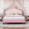 Full Size Lovely Crown Fantasy Leather Princess Bed With Tufted Headboard - Pink / Cream - Image 3