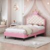 Twin Size Lovely Crown Fantasy Leather Princess Bed With Tufted Headboard - Pink / Cream - Image 12