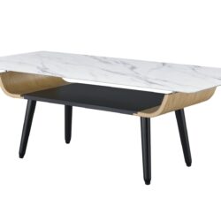 Landon - Coffee Table With Glass Marble Texture Top And Bent Wood Design - White