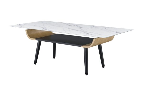 Landon - Coffee Table With Glass Marble Texture Top And Bent Wood Design - White