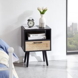 15.75" Rattan End Table With Drawer And Solid Wood Legs, Modern Nightstand, Side Table For Living Room, Bedroom - Black