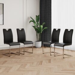 Modern Dining Chairs With Faux Leather Padded Seat Dining Living Room Chairs Upholstered Chair With Chrome Metal Legs Design Side Chairs (Set of 4) - Black / Silver