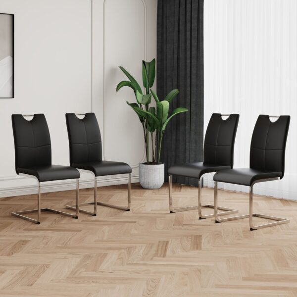 Modern Dining Chairs With Faux Leather Padded Seat Dining Living Room Chairs Upholstered Chair With Chrome Metal Legs Design Side Chairs (Set of 4) - Black / Silver