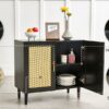 Side Panel Buffet Cabinet With Natural Rattan Door, Rattan Storage Cabinet With Adjustable Shelves, Side Panel And Buffet With Storage Space, Modern Console Cabinet In Bedroom And Living Room - Black / Beige - Image 10