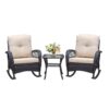 3 Pieces Conversation Set, Outdoor Wicker Rocker Patio Bistro Set, Rocking Chair With Glass Top Side Table - Brown / Beige - Image 5