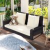 2 Person Wicker Hanging Porch Swing With Chains, Cushion, Pillow, Rattan Swing Bench For Garden, Backyard - Brown / Beige - Image 5