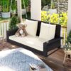 2 Person Wicker Hanging Porch Swing With Chains, Cushion, Pillow, Rattan Swing Bench For Garden, Backyard - Brown / Beige - Image 10