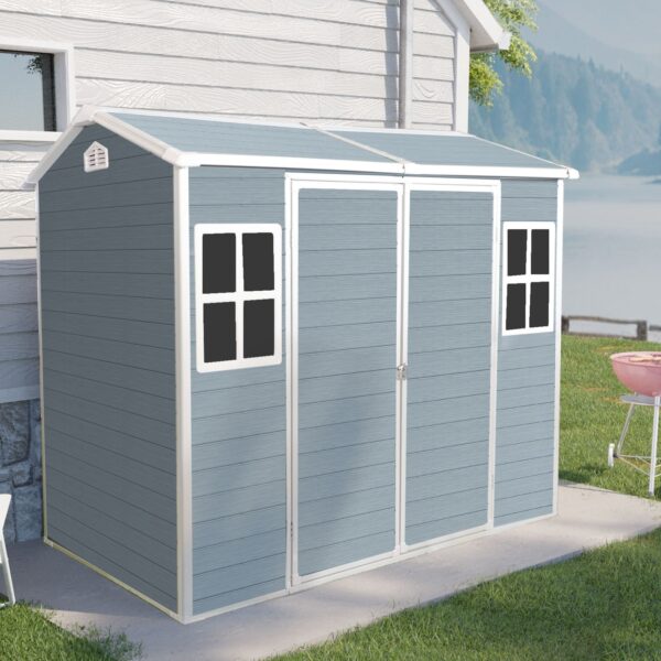 8 X 4Ft Resin Outdoor Storage Shed With Two - Window And Double - Door, Plastic Shed With Floor For Gargen, Patio, Yard, Lawn - Gray