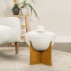 Bali - Round Upholstered Ottoman With Natural Base - Ivory White - Image 6